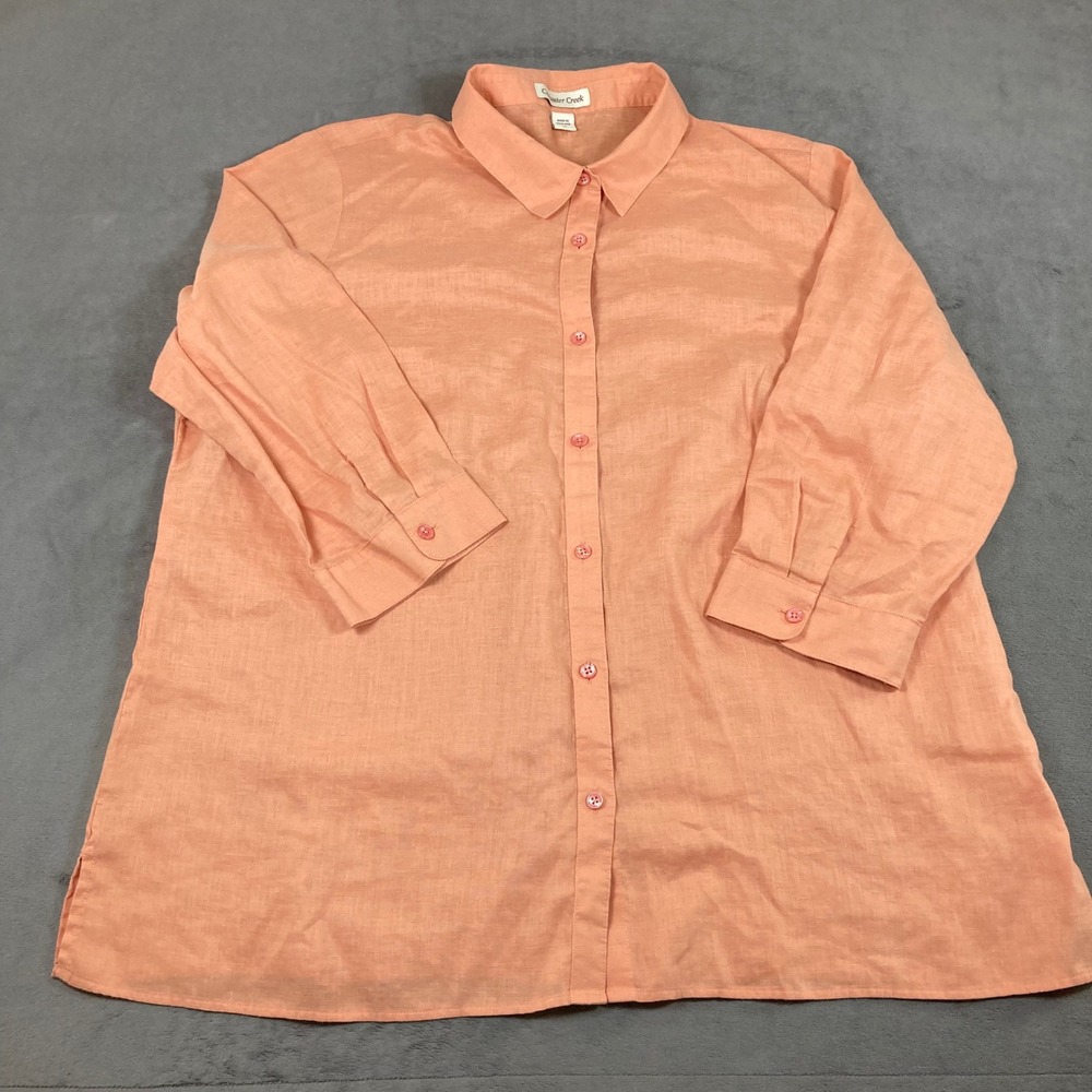 Coldwater Creek Womens 1X Peach Coral 100% Linen Button Down 3/4 Sleeve Shirt